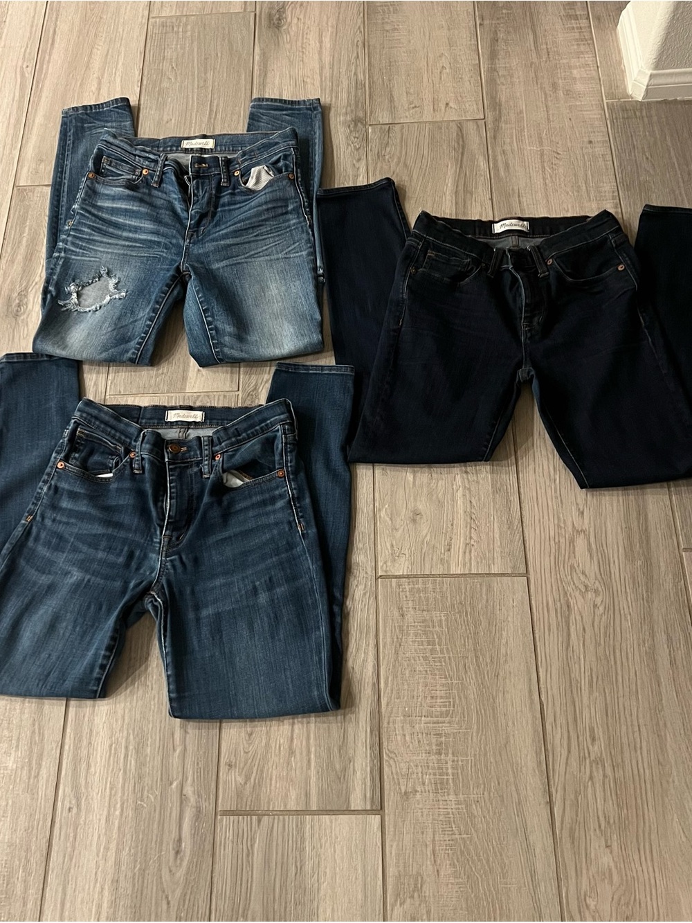 Madewell Women’s Jeans Trio in Dark Blue, Medium Blue, and Light Blue